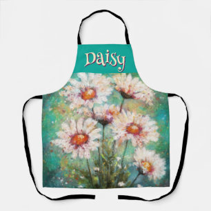 Daisies Impressionistic Floral Teal Personalized Apron