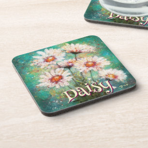 Daisies Impressionistic Floral Teal Personalized Coaster
