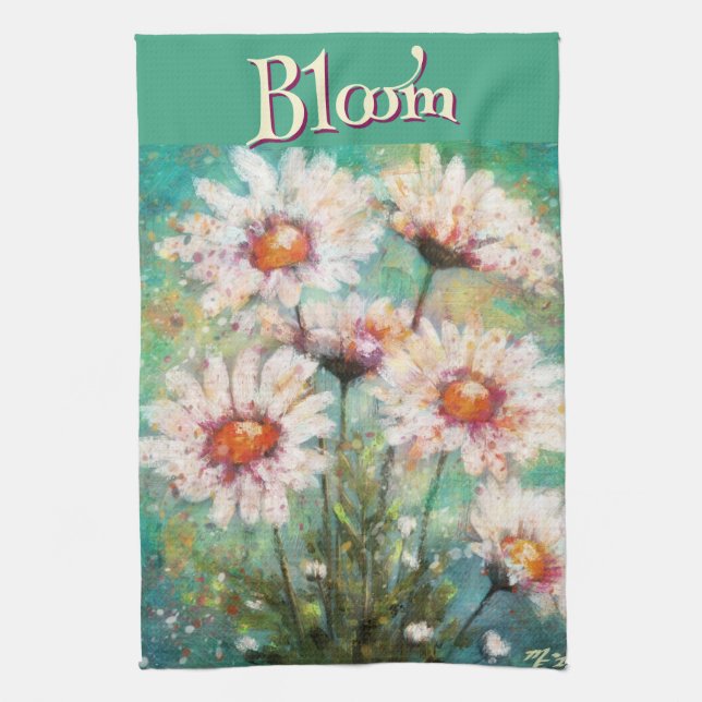 Daisies Impressionistic Floral Teal Personalized Kitchen Towel (Vertical)
