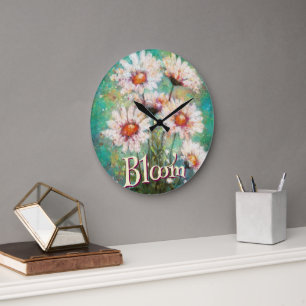 Daisies Impressionistic Floral Teal Personalized Large Clock