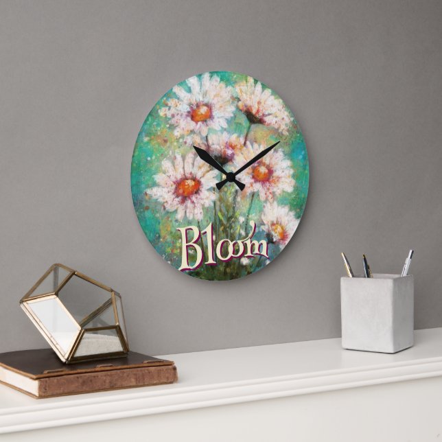 Daisies Impressionistic Floral Teal Personalized Large Clock (Office)
