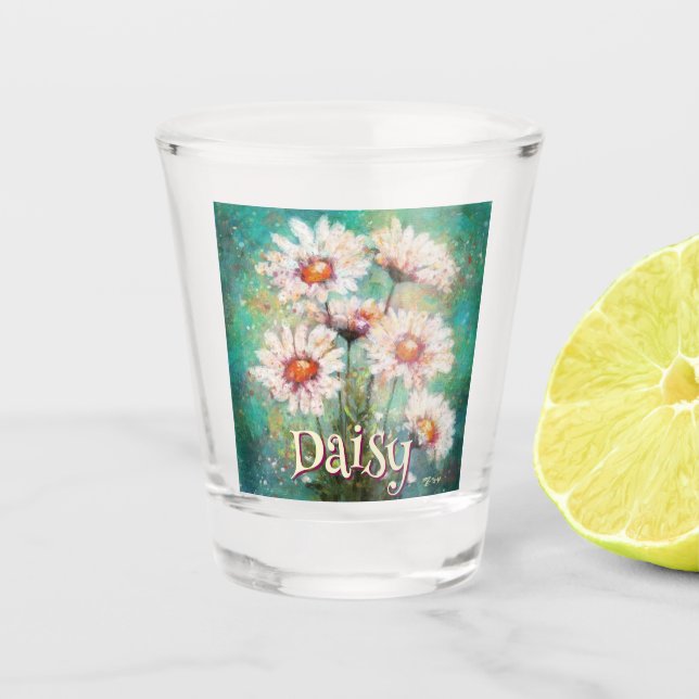 Daisies Impressionistic Floral Teal Personalized Shot Glass (Front)