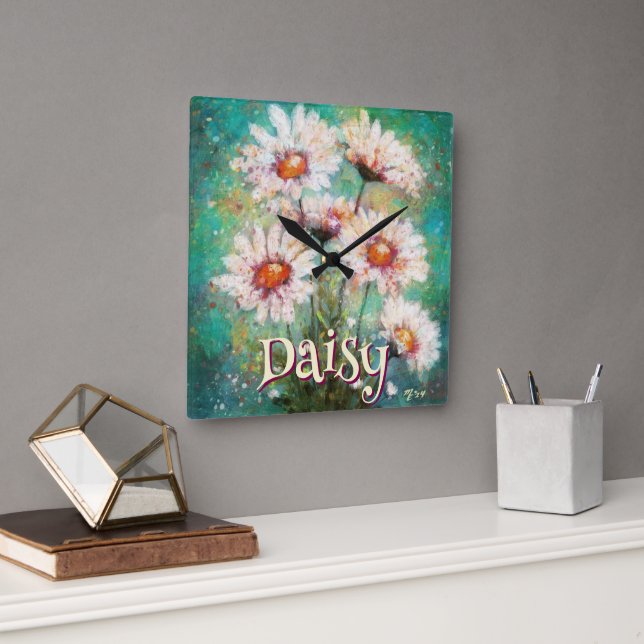 Daisies Impressionistic Floral Teal Personalized Square Wall Clock (Office)