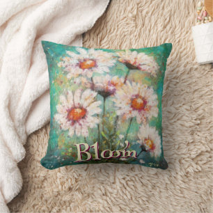 Daisies Impressionistic Floral Teal Personalized Throw Pillow