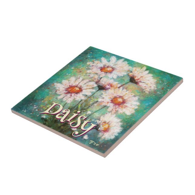 Daisies Impressionistic Floral Teal Personalized Tile (Side)