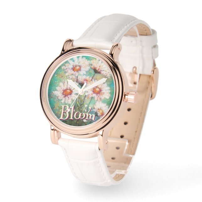 Daisies Impressionistic Floral Teal Personalized Watch (Angle)