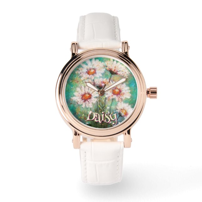 Daisies Impressionistic Floral Teal Personalized Watch (Front)