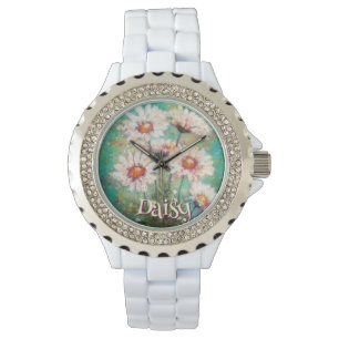 Daisies Impressionistic Floral Teal Personalized Watch