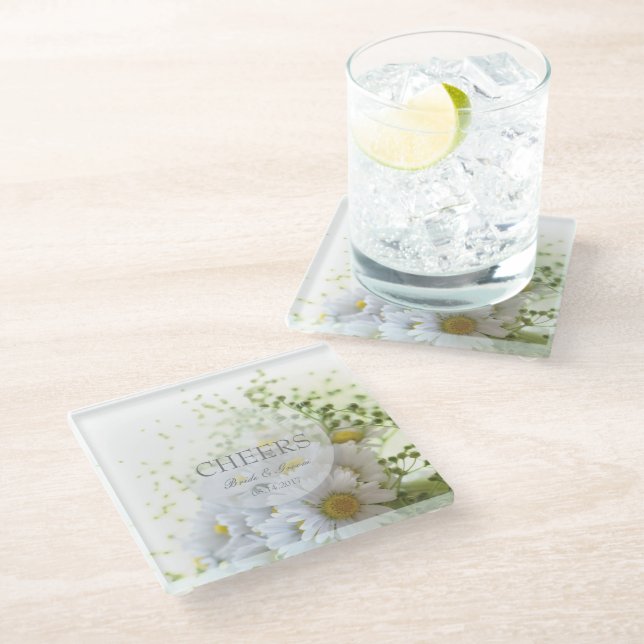 Daisies in Love- Editable Wedding Bouquet Glass Coaster (Angled)