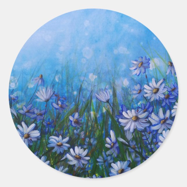Daisies in Profusion, White daisy field, Floral Classic Round Sticker (Front)