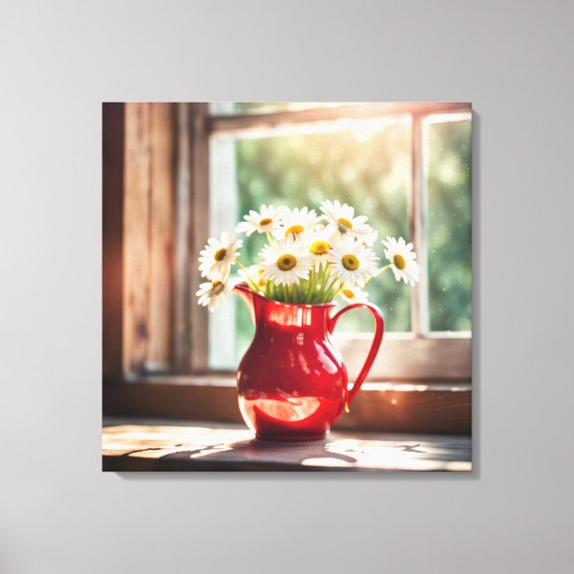 Daisies In Red Pitcher By Sunny Window Canvas Print (Front)