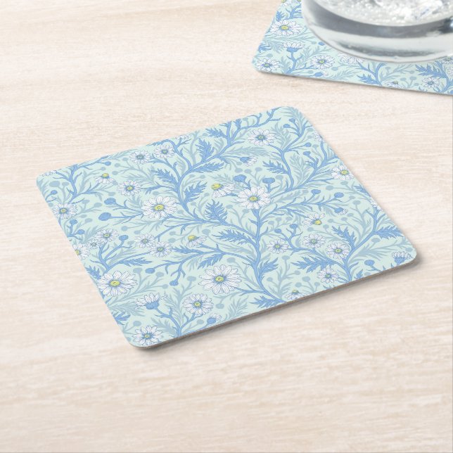 Daisies in white and blue on sea glass square paper coaster (Angled)
