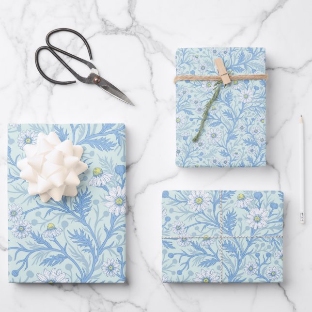 Daisies in white and blue on sea glass wrapping paper sheet (Front)