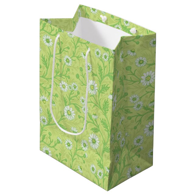 Daisies in white and green on honey dew green medium gift bag (Front Angled)