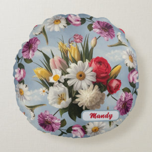 Daisies, Lilies and Tulips Round Pillow