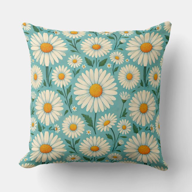 Daisies on a Soft Blue Background Throw Pillow (Front)