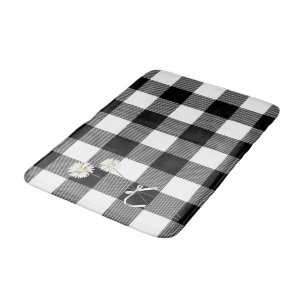 Daisies on Black and White Buffalo Plaid  Bath Mat