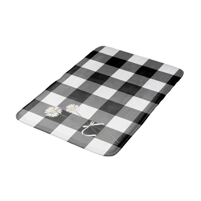 Daisies on Black and White Buffalo Plaid  Bath Mat (Angled)