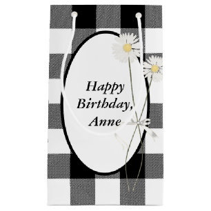 Daisies on Black and White Buffalo Plaid Small Gift Bag