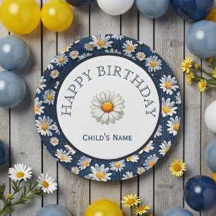 Daisies on Blue Denim Birthday Paper Plate