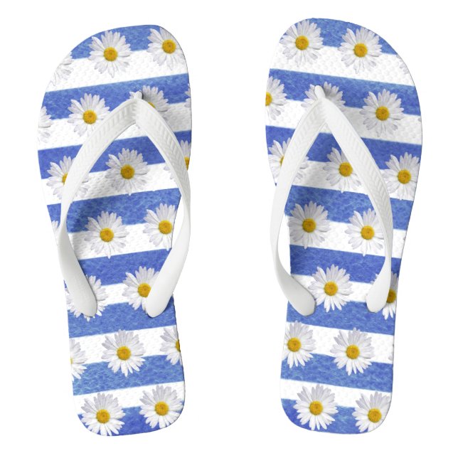 daisies on blue watercolor stripe on white flip flops (Footbed)