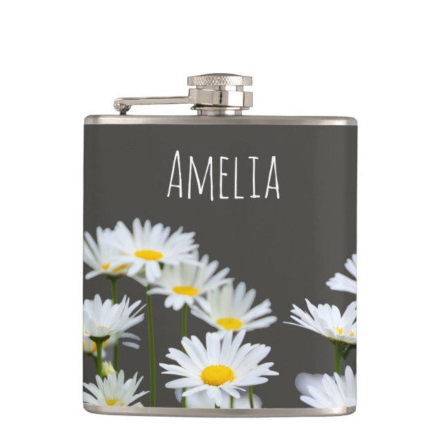 Daisies on Grey Personalised Hip Flask (Front)