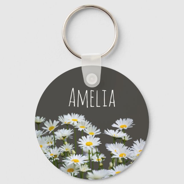 Daisies on Grey Personalised Keychain (Front)