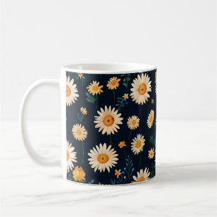 Daisies on mugs design pattern on deep blue