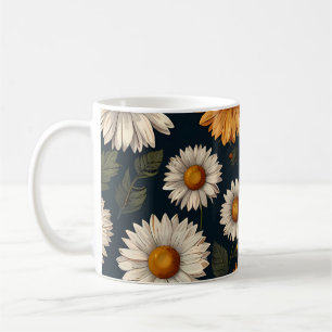 Daisies on mugs design pattern on deep blue