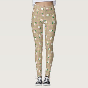 Daisies on Plaid (large scale) Brown Leggings