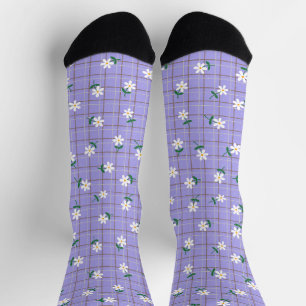 Daisies on Plaid (large scale) Purple Socks