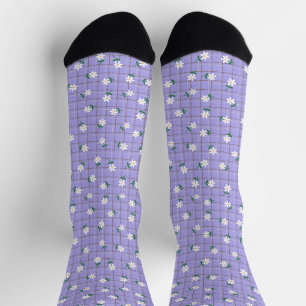 Daisies on Plaid (small scale) Purple Socks