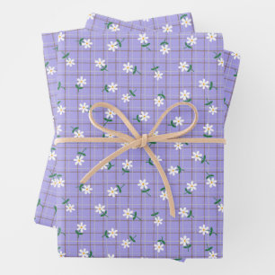 Daisies on Purple Plaid (large scale) Wrapping Paper Sheet
