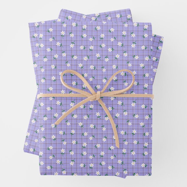 Daisies on Purple Plaid (small scale) Wrapping Paper Sheet (In situ)