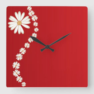 Daisies on Red Square Wall Clock