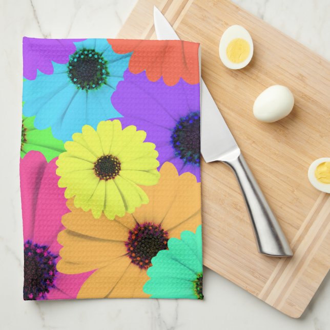 Daisies or Marigolds Colourful Psychedelic Pattern Kitchen Towel (Quarter Fold)