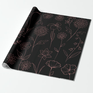 Daisies Poppies Larkspur Garden Pattern Pink Black Wrapping Paper