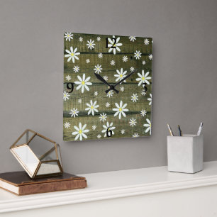 Daisies Rustic Barn Board Daisy Flower Square Wall Clock