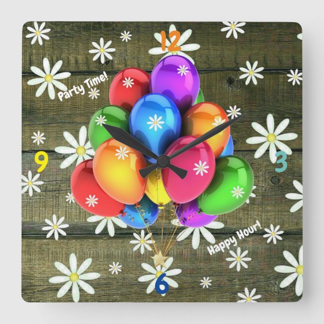 Daisies Rustic Barn Board Party Balloons Square Wall Clock (Front)