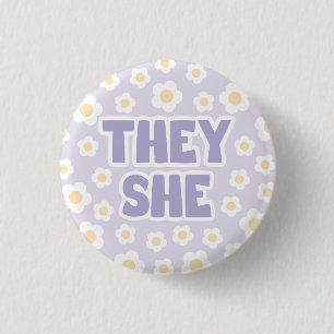 Daisies They/She Pronouns in Purple 1 Inch Round Button