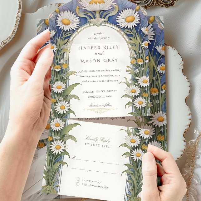 Daisies Wedding Perforated RSVP All In One Invitation (Creator Uploaded)