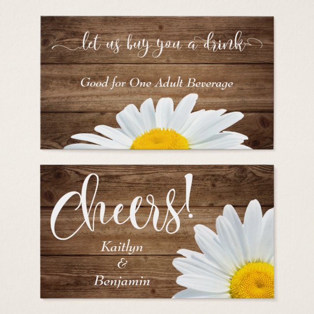 Daisies, White Script & Rustic Wood Drink Tickets (Front & Back)