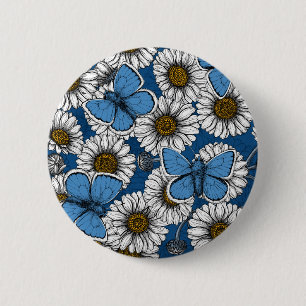 Daisies, white wild flowers and blue butterflies 2 inch round button