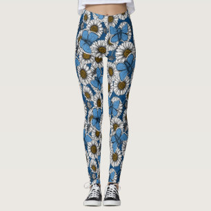 Daisies, white wild flowers and blue butterflies leggings