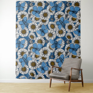 Daisies, white wild flowers and blue butterflies tapestry