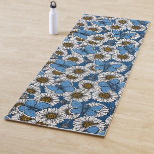 Daisies, white wild flowers and blue butterflies yoga mat