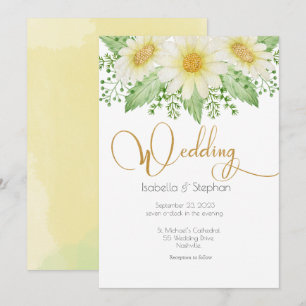 Daisies White Yellow Floral Script Wedding Invitat Invitation