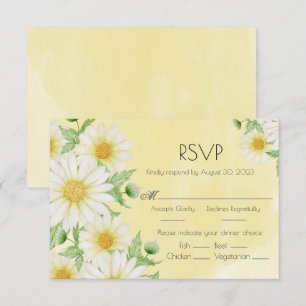 Daisies White Yellow Floral Script Wedding RSVP Card