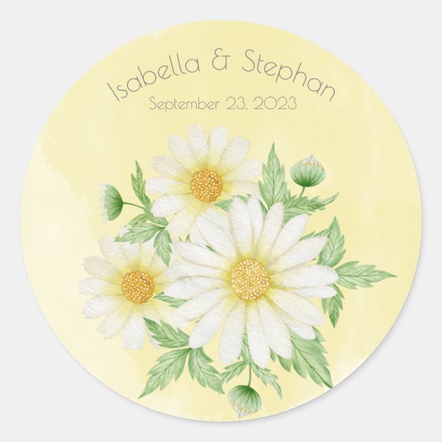 Daisies White Yellow Floral Typography Classic Round Sticker (Front)