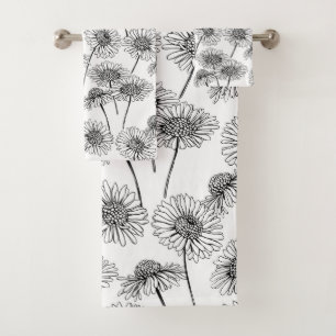 Daisies, wild flowers in black and white bath towel set